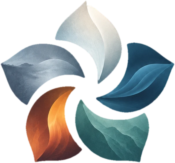 Fifth Current logo: five petals in mist, ocean, sage, ember and pearl, swirling together